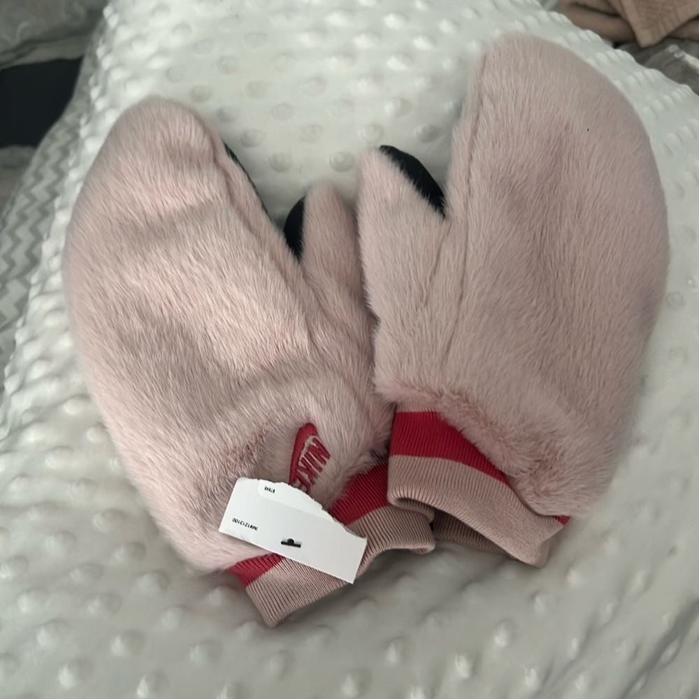 Pink and Black Nike Fur Mittens. NWT